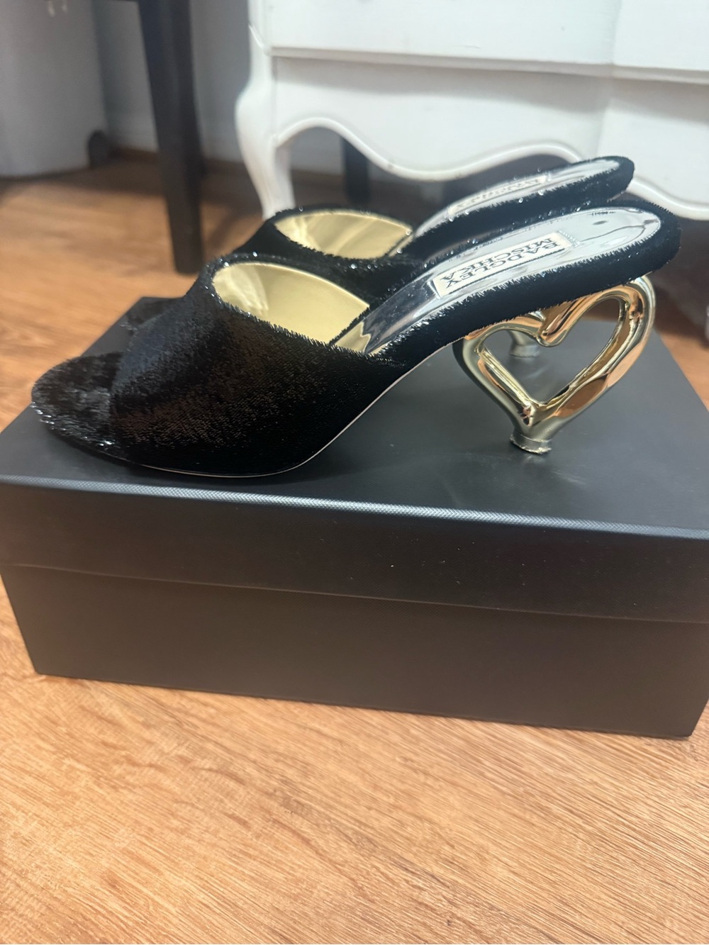 Badgley Mischka Black Velvet Mules with Gold Heart Heel